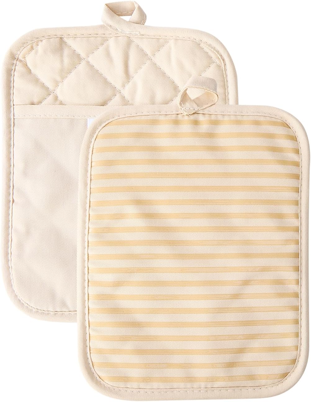 Kitchen Everyday Basic Pot Holder Heat Resistant Coaster Soft Silicone Water Resistant Pot Holder Set Oven Mitts with Pocket, 2 Piece Set, 7"x9" Beige