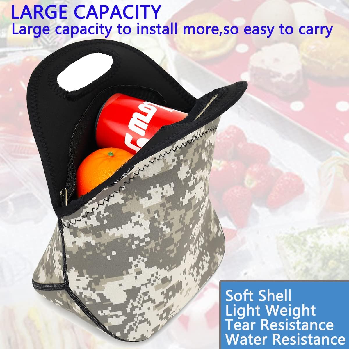 FlowFly Neoprene Lunch Tote Insulated Thermal Reusable Lunch Bag Box for Boys Men with Zipper (Digital Camo)