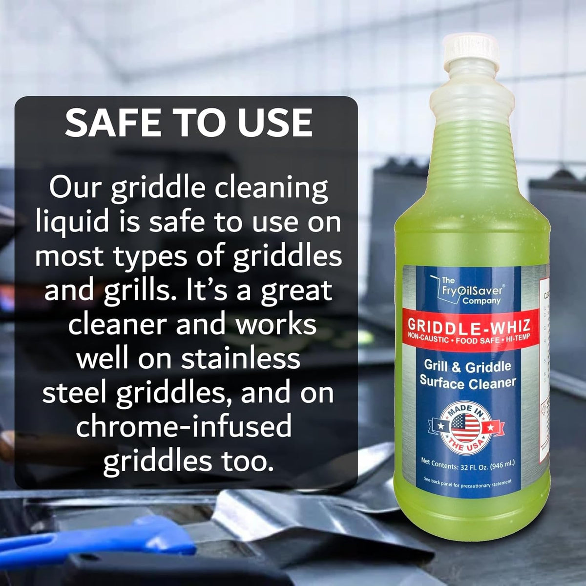 Griddle-Whiz Grill & Griddle Cleaner | Removes Grease, Food Residue, Burnt On Organics | Non-Toxic High Heat Flat Top Grill Cleaner & Food Contact Surface | Non-Caustic Formula by FryOilSaver (32oz)