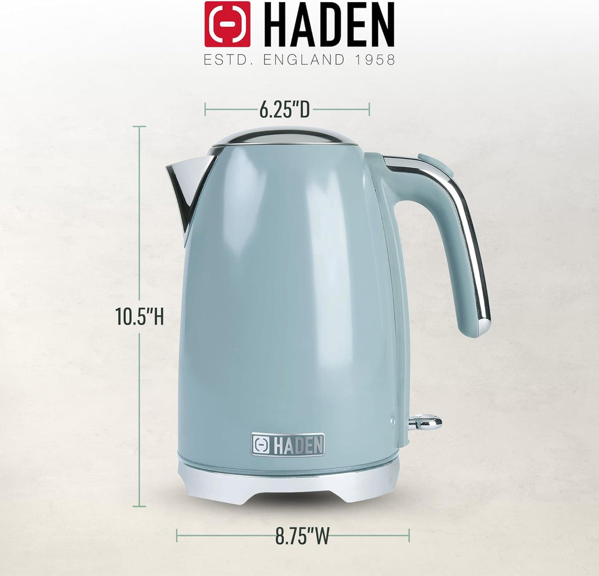 Haden Brighton Electric Kettle, Cordless 1.7 Liter Hot Water Boiler with Chrome Accents, Retro Style, and Auto Shut Off, Sky Blue