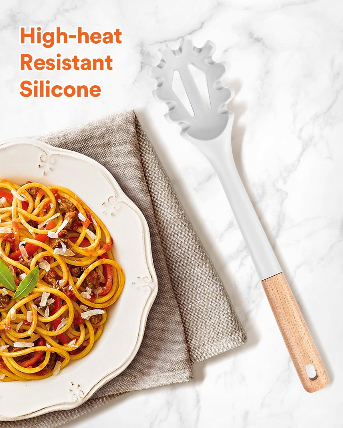 Silicone Pasta Fork, Kitchen Heat Resistant Noodle Spoon Server, BPA Free Spaghetti Strainer,12.8 inch (WHITE)