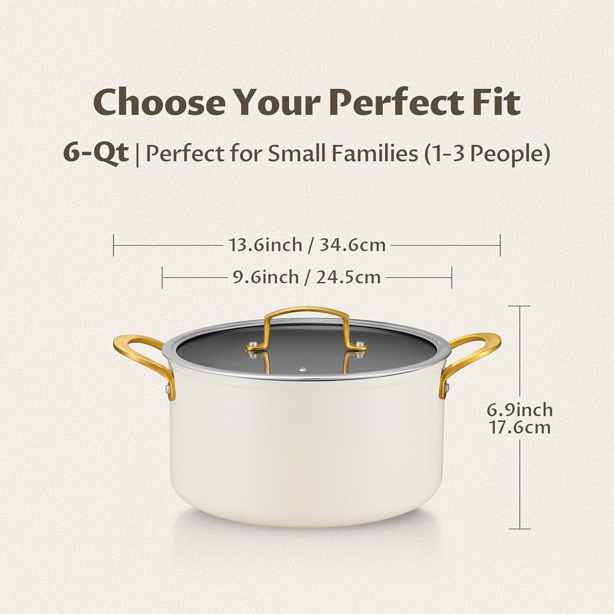 BEZIA 6 Quart Stock Pot with Lid，Ceramic Nonstick Cooking Pot，Soup Pot with Stainless Steel Handle, Tempered Glass Lid, Induction Compatible for Pasta, Soup, Spaghetti，Dishwasher Safe, Cream