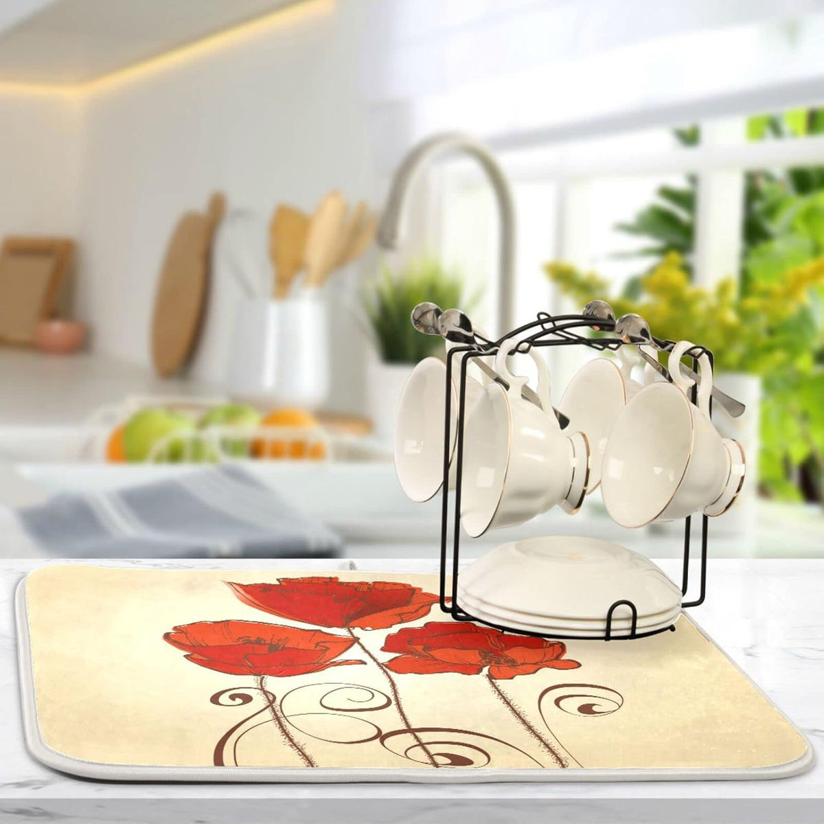 senya Super Absorbent Dish Drying Mat, Microfiber Fast-Drying Dish Mat, 16'' x 18'', Kitchen Dish Drying Pad, Red Poppy Flowers Retro, (g289343169p523c558s1113)