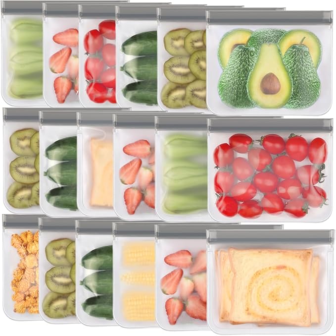 Lerine 18 Pack Reusable Sandwich Bags Dishwasher Safe, BPA Free Food Storag Bags, Extra Thick Leakproof Reusable Quart Freezer Bags for Cereal, Lunch, Vegetables, Fruits (Gray, 18Sandwich)