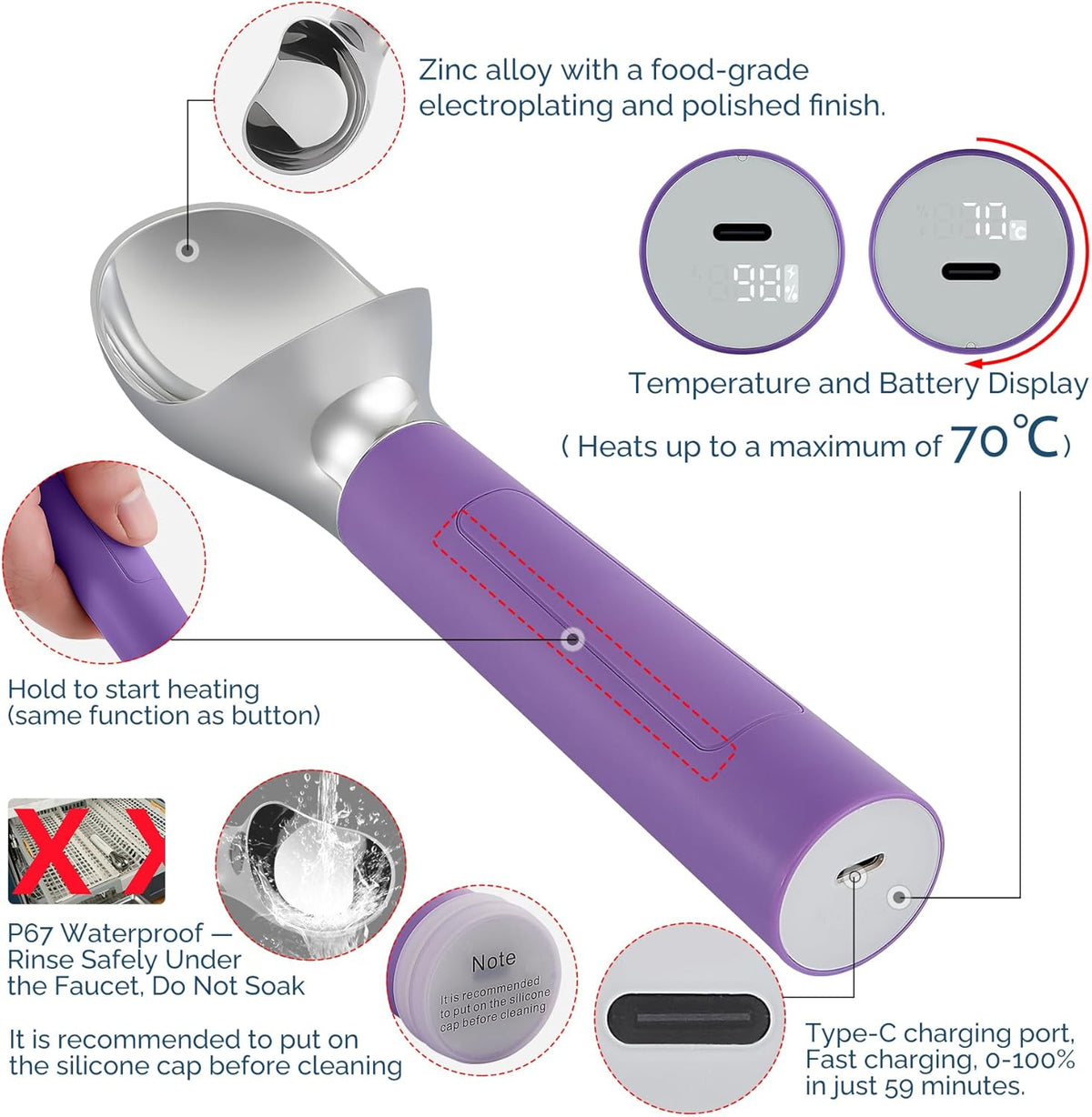 Heated Ice Cream Scoop Rechargeable, Electric Warming Ice Cream Scooper with LED Display, Heats to 158°F for Hard Ice Cream, Easy for Seniors & Kids, IP67 Waterproof (Royal Purple, 2oz)