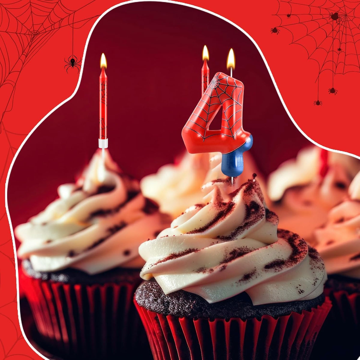 13 Pcs Spider Themed Birthday Candle Set Red Spider Theme Number 4 Candle Cake Topper for Boys Girls Birthday Decoration Spider Party Decoration Supplies (Number 4)