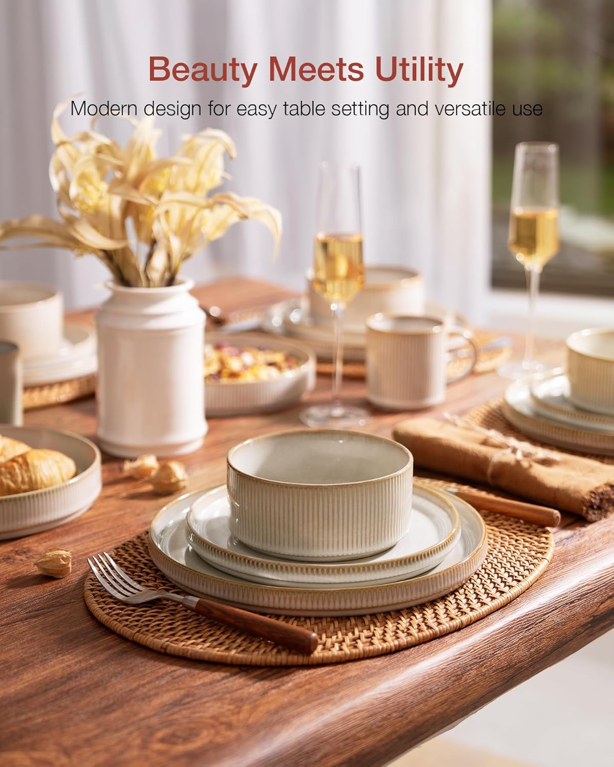 Famiware Star Dinnerware Set with Pasta Bowls, Service for 4 (16pcs), Ribbed Stoneware Plates and Bowls Dishes Sets - Chip & Scratch Resistant, Microwave & Dishwasher Safe, Cappuccino White