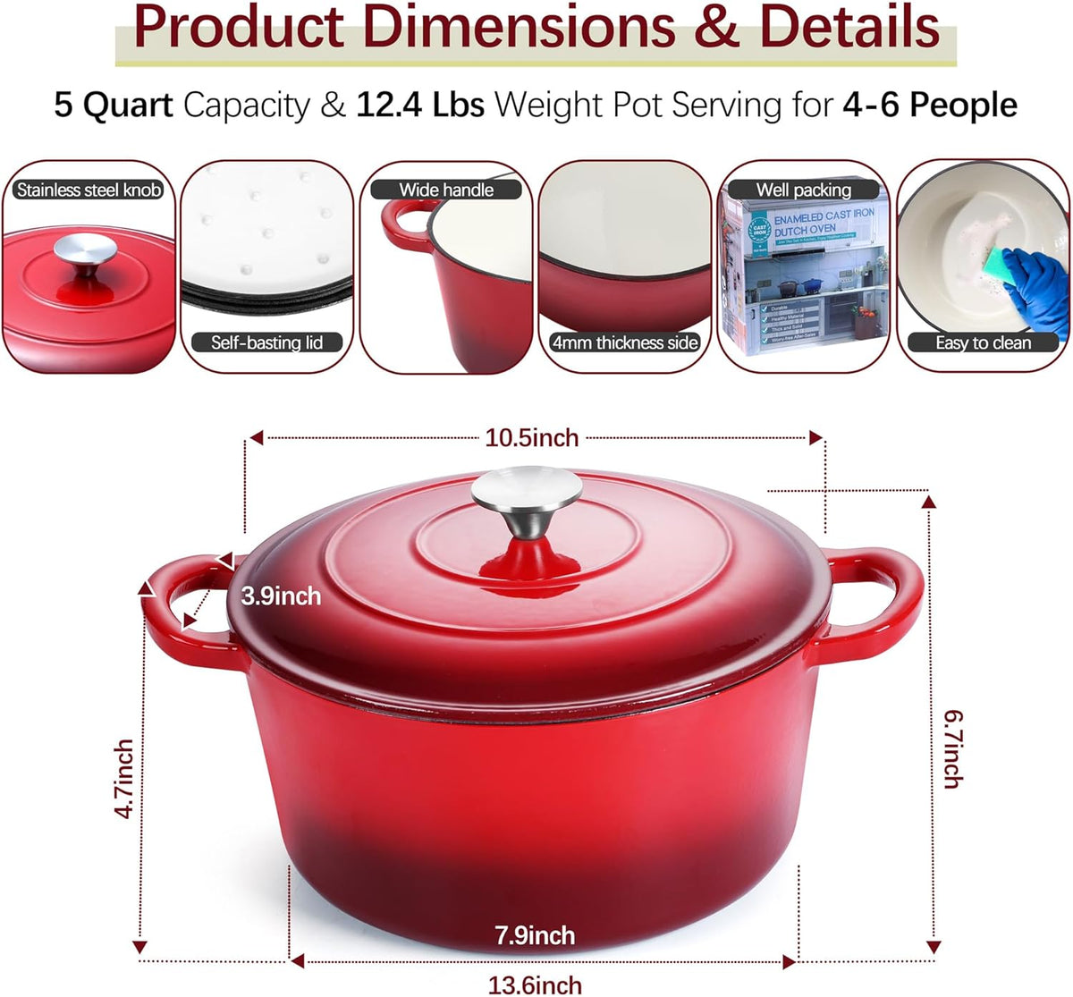 E-far Dutch Oven Pot with Lid, 5 Quart Enameled Cast Iron Round Dutch Oven Stockpot for Bread Baking/Braising/Cooking/Roasting/Stewing, Heavy Duty Nonstick Cookware Safe for Induction & Oven - Red