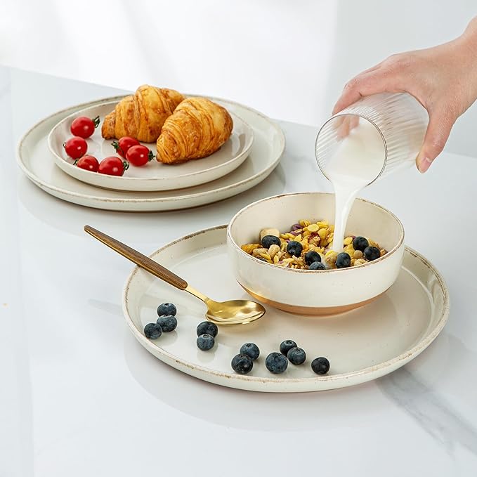 AmorArc 24 Pieces Ceramic Dinnerware Sets for 8, Handpainted Stoneware Plates and Bowls Set with Rustic Terracotta Underside, Scratch Resistant Dishes Set, Dishwasher & Microwave Safe