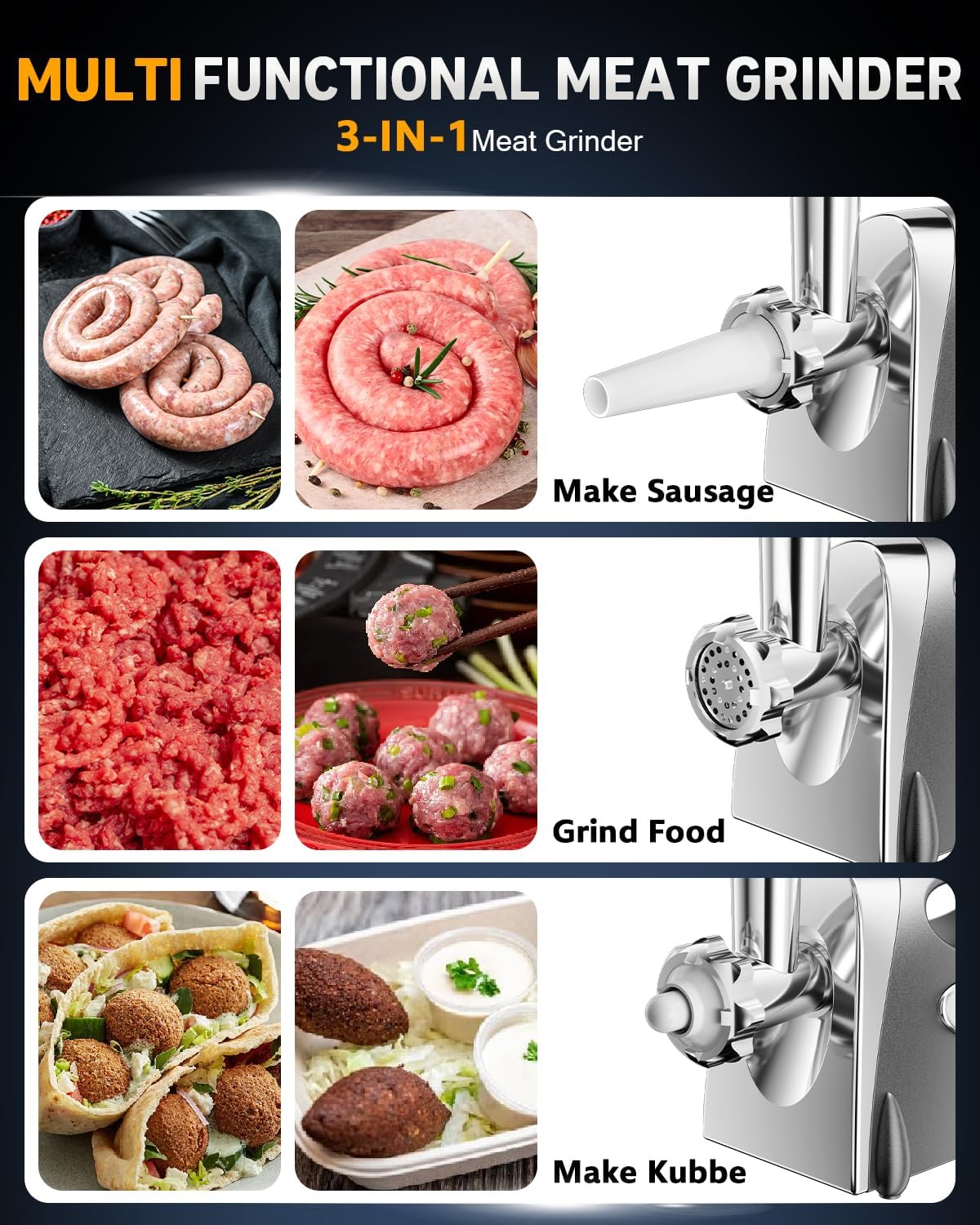 3-IN-1 Meat Grinder: [3000W Superior Motor] Electric Meat Grinder with 6 PCS Stainless Steel Blades & Grinding Plates, Sausage Stuffer Tubes & Kubbe Kit Portable Handle for Gift (Dark Gray New6)