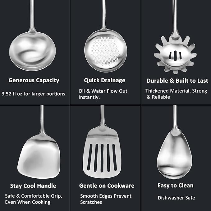 304 18/10 Stainless Steel Kitchen Utensils Set 9 Pcs Long Cooking Utensil, Spatula, Soup spoon, Leaking shovel, Ladle, Tunner, Pasta Server, Meat Fork Kitchen Tools Set (9 Pieces Set)