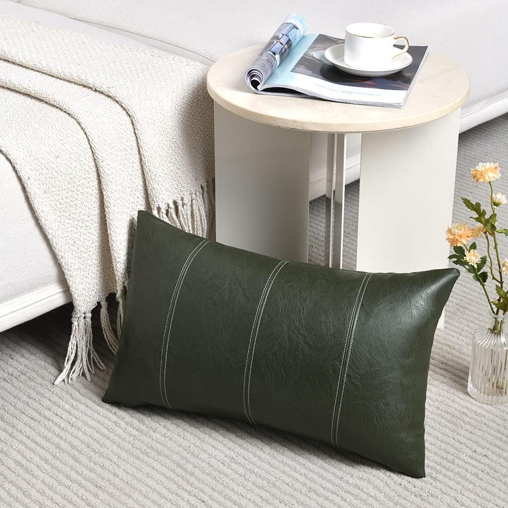 Fancy Homi Dark Green Lumbar Faux Leather Decorative Throw Pillow Covers 12x20 Inch for Living Room Couch Bed, Modern Farmhouse Boho Home Decor, Olive Green Hand Stitched Cushion Case 30x50 cm
