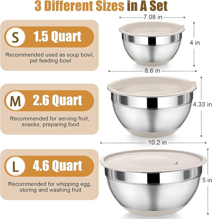 P&P CHEF Mixing Bowl with Lids Set of 3, Stainless Steel Nesting Salad Bowls for Serving Preparing, 3 Grater Attachments & Non-Slip Bottoms, Size 1.5/2.6/4.6 QT, Khaki