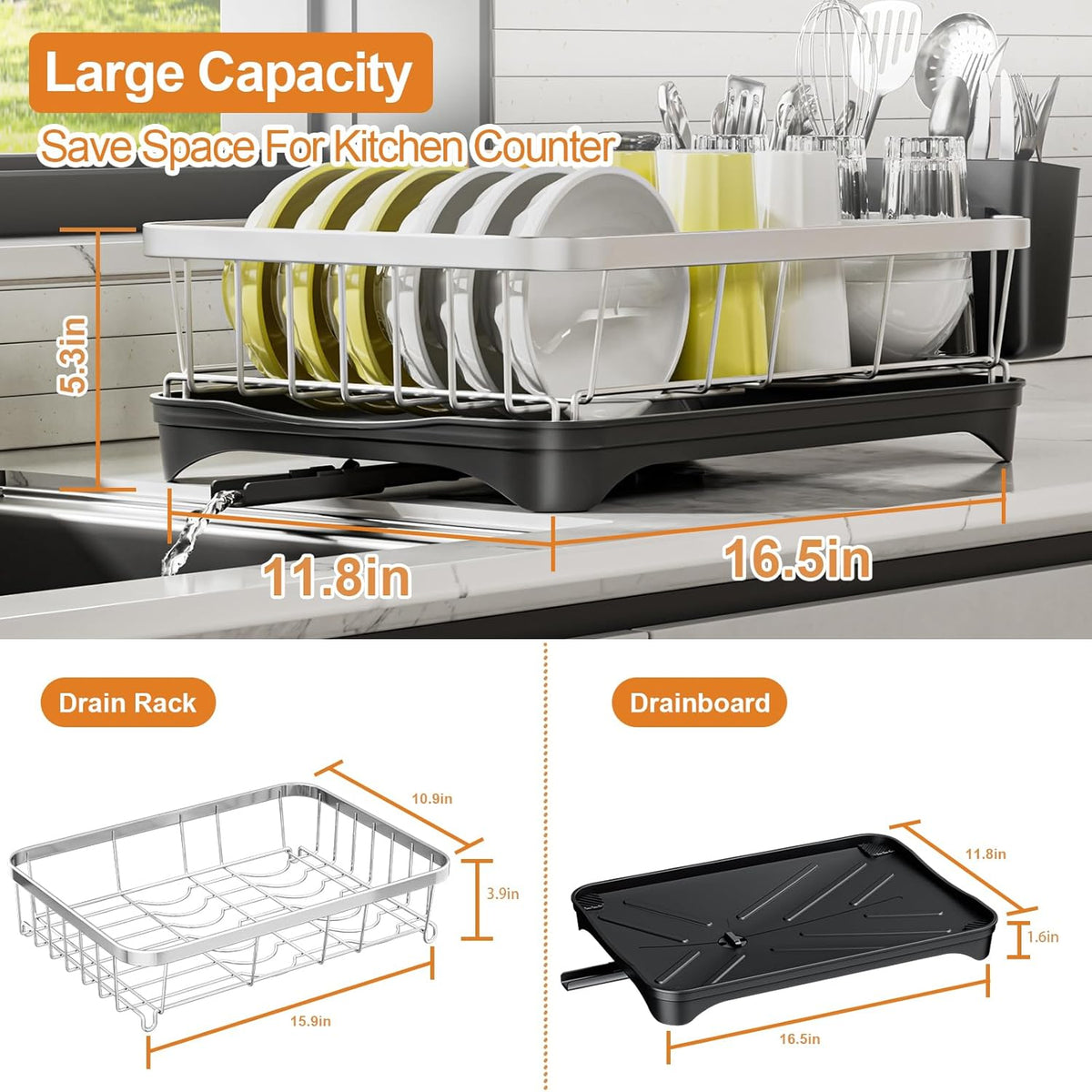 Stainless Steel Dish Drying Rack – 304 Grade Dish Racks for Kitchen Counter with Utensil Holder & Adjustable Spout, Space-Saving Organizer, 16.5" x 11.8" x 5.3" Black