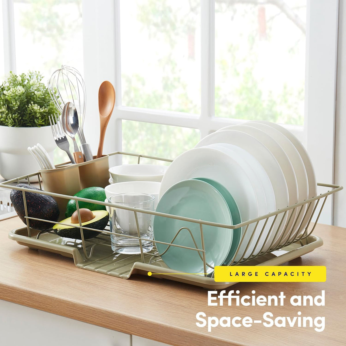 Space-Saving 3-Piece Dish Drainer Rack Set: Efficient Kitchen Organizer for Quick Drying and Storage - Includes Cutlery Holder and Drainboard - Maximize Countertop Space, Sage Green