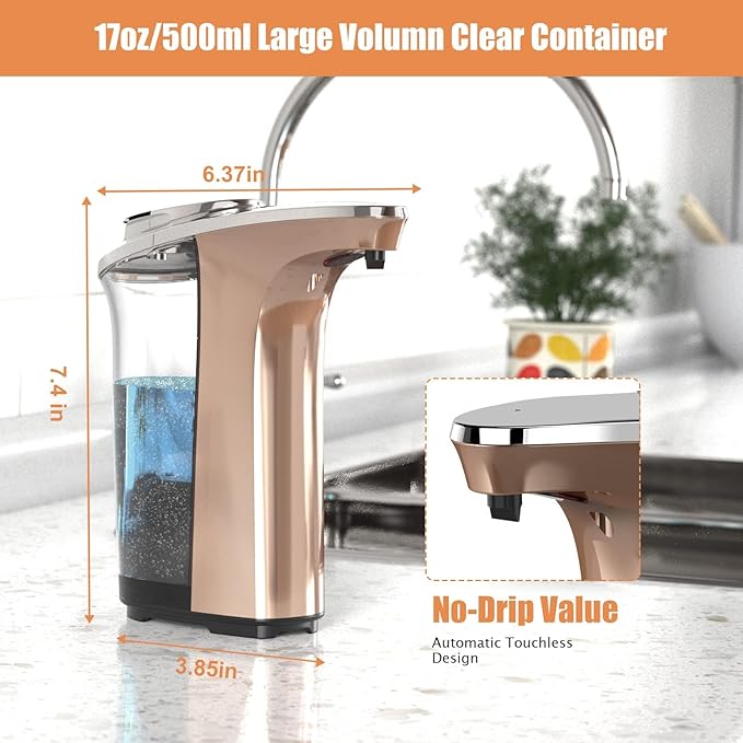 Automatic Soap Dispenser, PZOTRUF Touchless 17oz/500ml with Upgraded Infrared Sensor, 5 Adjustable Soap Dispensing Levels, Liquid Hand Soap Dispenser for Bathroom (Rose Gold)