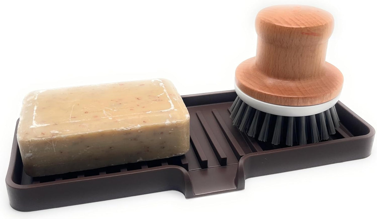 Happitasa Silicone Soap Dish Tray and Sponge Holder with Drain Chute | Bathroom and Kitchen Sink Organizer Caddy (Dark Chocolate, 9"x3.5", 5.6 Ounces)