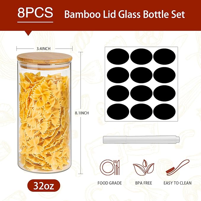 SLifeJars-32 oz Glass Jars with Bamboo Lids 8 pcs Glass Food Storage Containers with Airtight Bamboo Lids, Glass Canisters Stackable Kitchen Pantry bamboo lid for Coffee Beans, Rice, Sugar and More