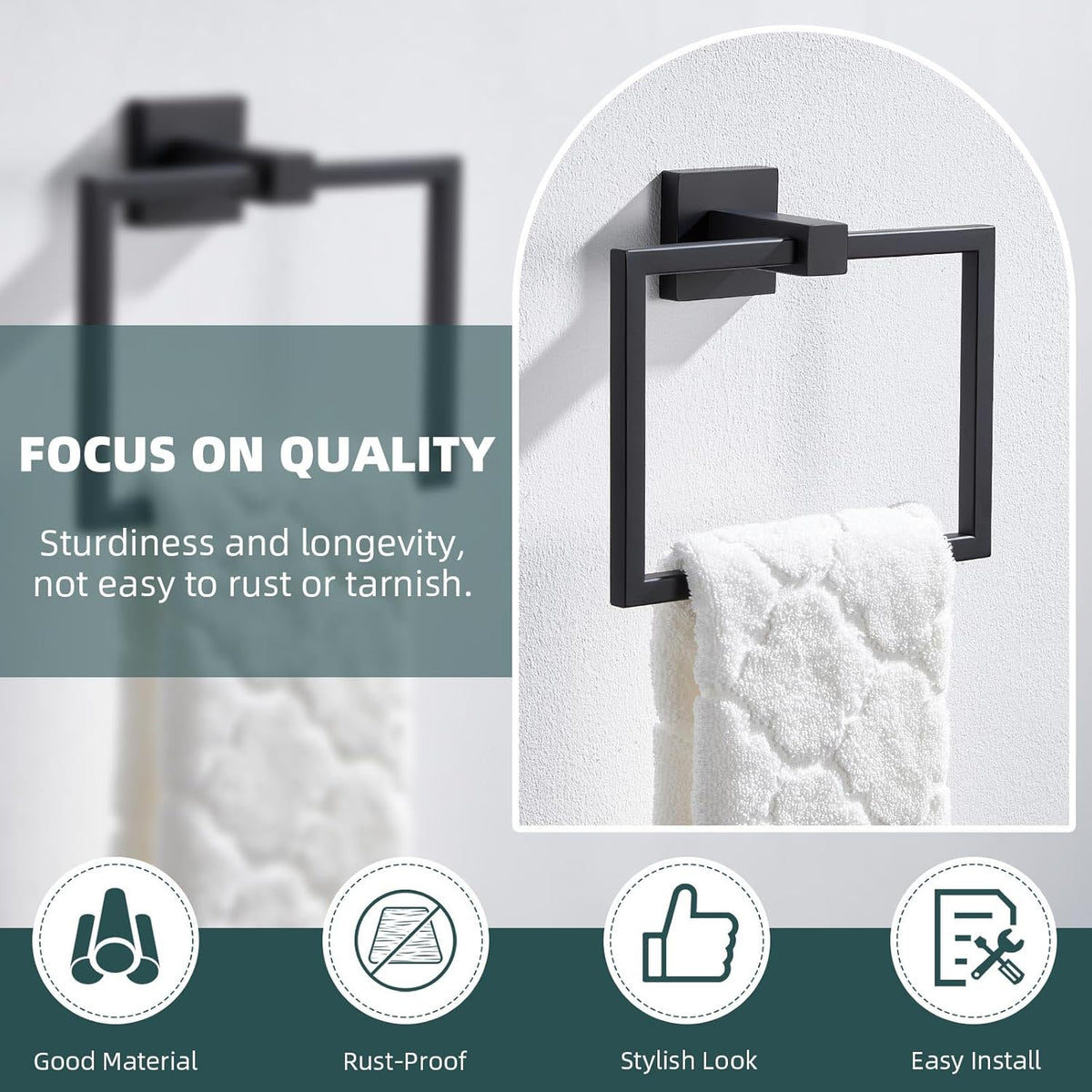 Suyar Matte Black Towel Ring, SUS 304 Stainless Steel Hand Towel Holder for Bathroom Restroom, Wall Mounted