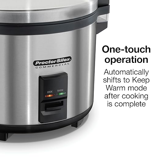 Proctor Silex Commercial 37560R Rice Cooker/Warmer, 60 Cups Cooked Rice Capacity, Nonstick Inner Pot, Hinged Lid, Stainless Steel Housing, Conforms to NSF