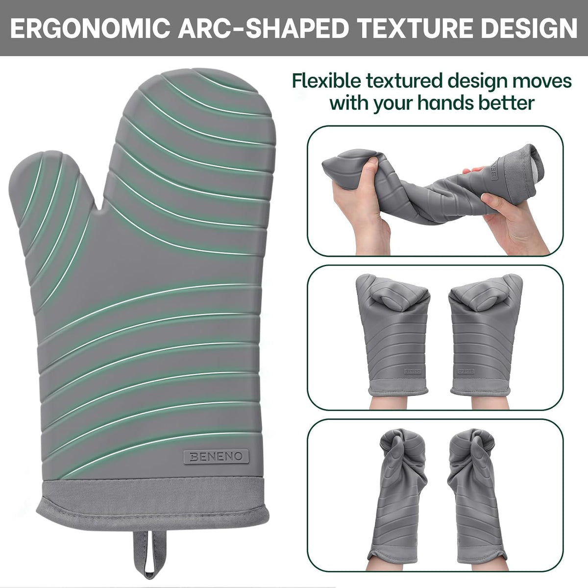 Beneno BPA-Free Silicone Oven Mitts, Heat Resistant Waterproof Oven Mitts with Non-Slip Textured Grip, Comfortable Quilted Lining, Kitchen Pot Holders for Cooking, Baking, Grilling, 7"x13", 2Pcs Gray