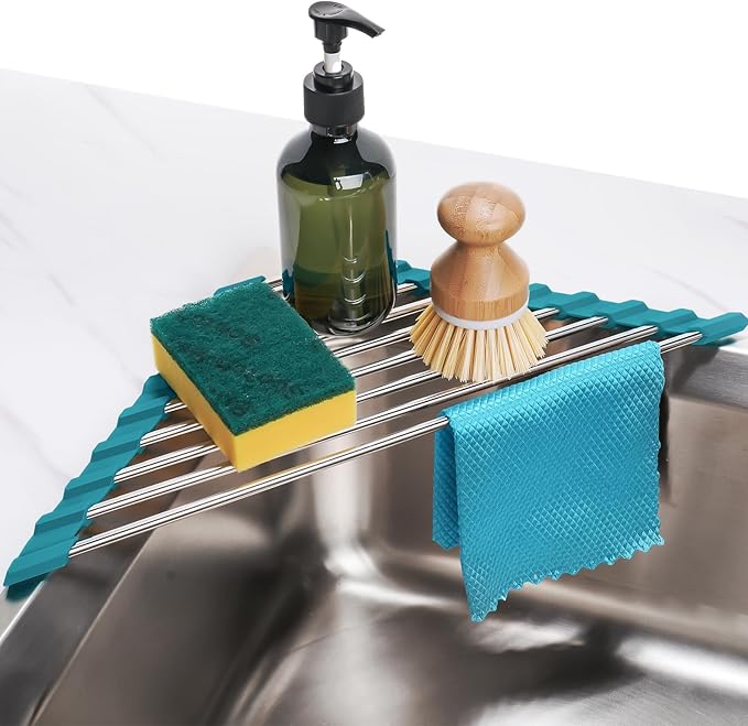 Tomorotec Triangle Roll-Up Dish Drying Rack for Sink Corner Small Foldable Stainless Steel Over The Sink Multipurpose Kitchen Drainer Caddy Organizer Storage Shelf Holder (Dark Green)