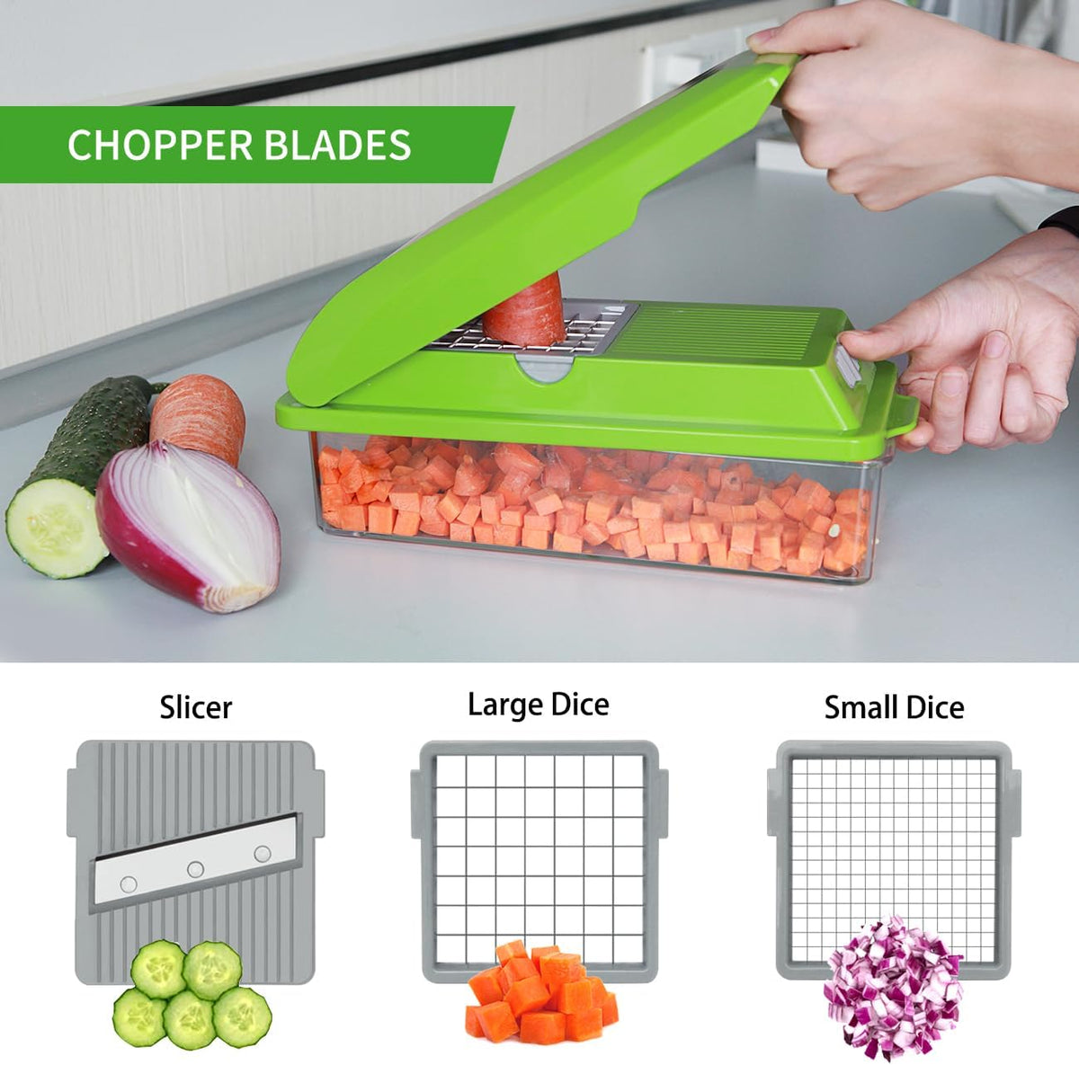 LHS Multifunctional Vegetables Chopper with Container, Manual Processor Cutter, Pro Onion Cutter, Vegetable Slicer Dicer Cutter with 3 Blades, Veggie Salp Chopper(6-in-1,Green)