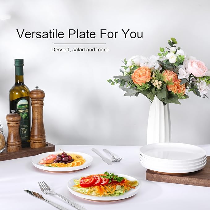 Webbylee Melamine Dessert Plates Set of 6-7.56" Serving Durable Dishes Perfect for Kitchen Outdoor Use,Durable Small Plates for Salad-White & Brown