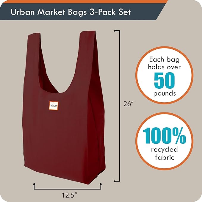 Urban Market Bags - Ocean - 3 Foldable Reusable Shopping Bags in 1 Compact Pouch, Luxury Quality, Durable Fabric, Holds 50+ lbs, Machine Washable, Pouch Fits in Cupholder, Designed in California