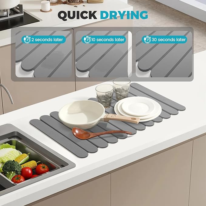 Extral Large Quick Dry Stone Drying Mat for Kitchen Counter,28"(L)x16"(W) Collapsible Eco-Friendly Absorbent Diatomaceous Earth Mat for Dishes Cups,Dish Drying Mats (Medium gray-Ellipse, 28x16 inch)