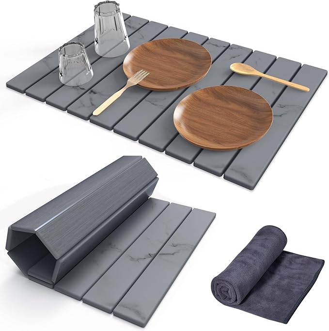Stone Dish Drying Mat for Kitchen Counter,24"(L)×16"(W) Collapsible Fast-Drying Diatomaceous Earth Mats with Towel Sanding Tool,Versatile Stone Drying Mats for Cups Dishes Bottles