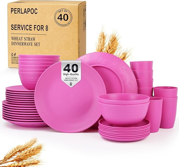 Wheat Straw Dinnerware Set 40 PCS | Service for 8 | Unbreakable Plates and Bowls Sets Plastic Reusable Dishes Sets Dinner Plates, Cereal Bowls, Water Cups Kitchen Set for Home RV- Pink