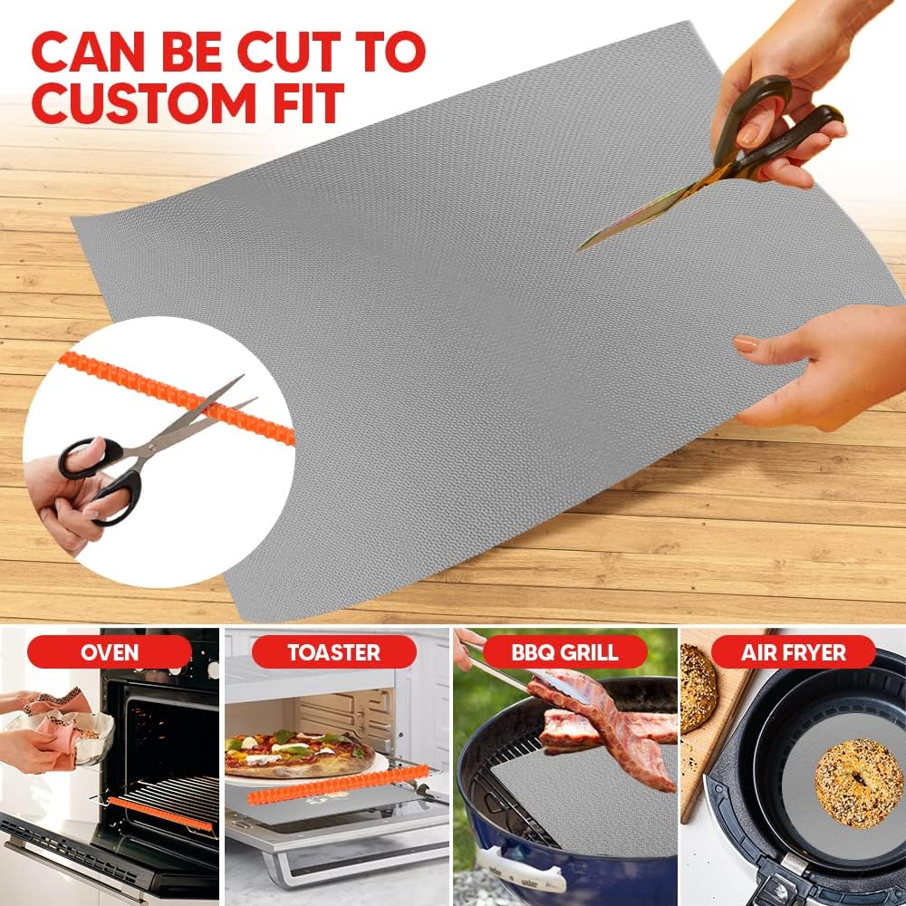 Oven Liners for Bottom of Oven Silver (2-pack) Bundled with Rack Shield (2-pack) - Large Mat for Bottom of Stove (17"x 25") and 14" Orange Range Guards for Racks - Reusable & Heat Resistant