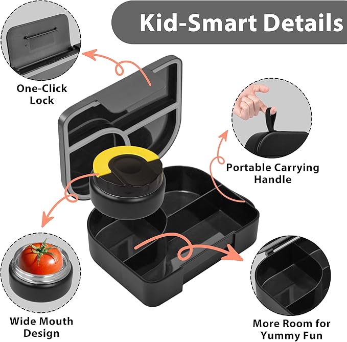 TinyPalsa Bento Box for Kids with 10oz Thermos, Durable Lunch Box with Leak Proof Insulated Food Jar, 3 Compartments with Portable Handle for Ages 3+, Dishwasher Safe, Ideal for School, Travel (Black)