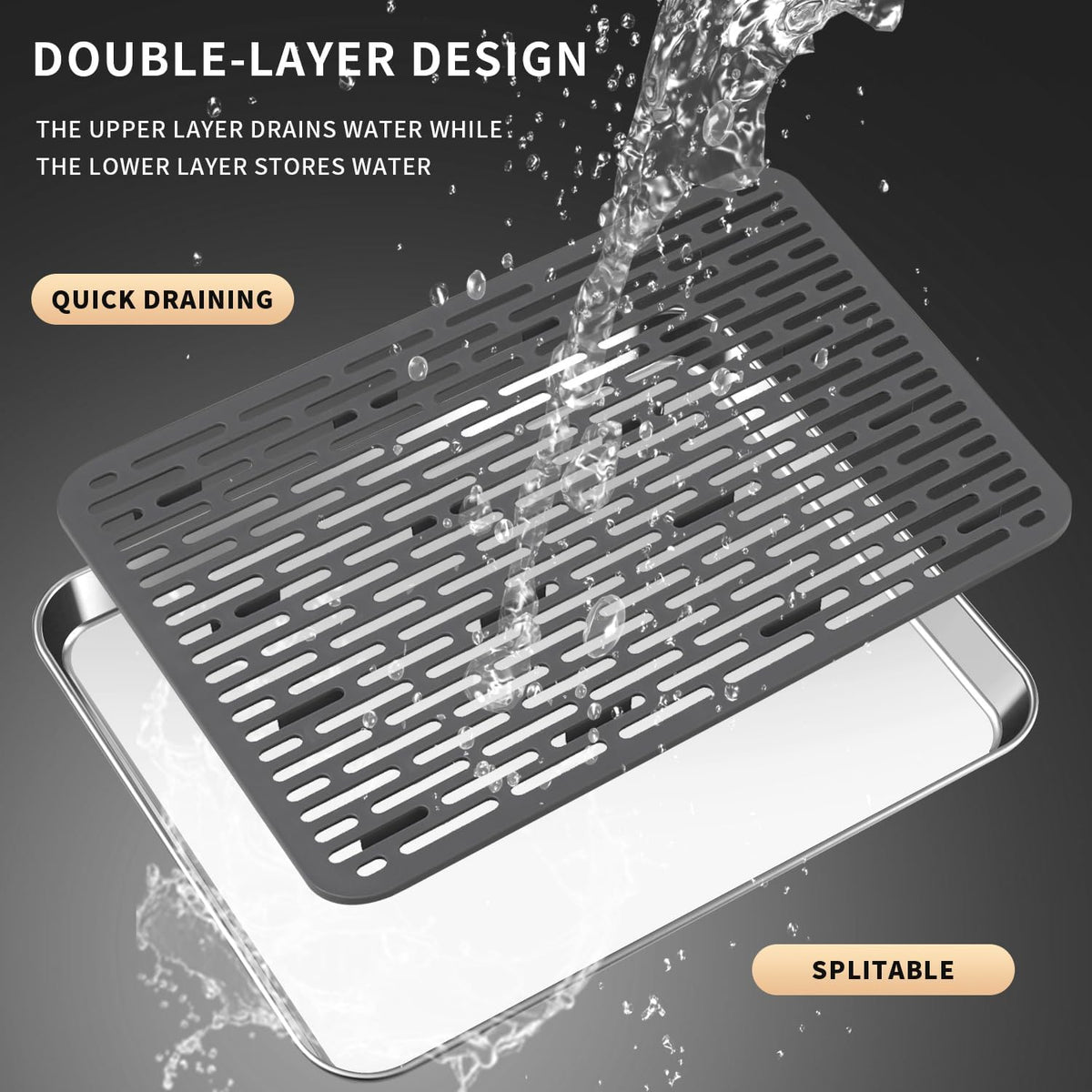 Stainless Steel Drain Tray, Cup & Dish Drying Rack, Drain Board 2 Tier Non Slip Serving Tray with Drainboard Perfect for Sink, Coffee Table, Outdoor (12.5 x 9.8 x 0.98 in)