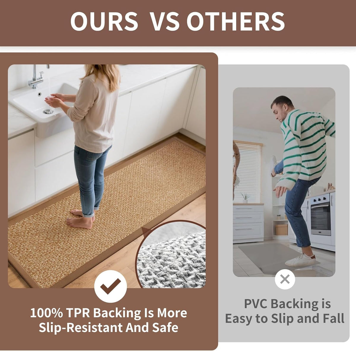 Kitchen Mats for Floor, Rubber Backing Kitchen Rugs Non Slip Washable, Super Absorbent Jute-Like Braid Kitchen Runner Rug Sink Mat Standing Mat, Easy to Clean, Brown 17"x30"
