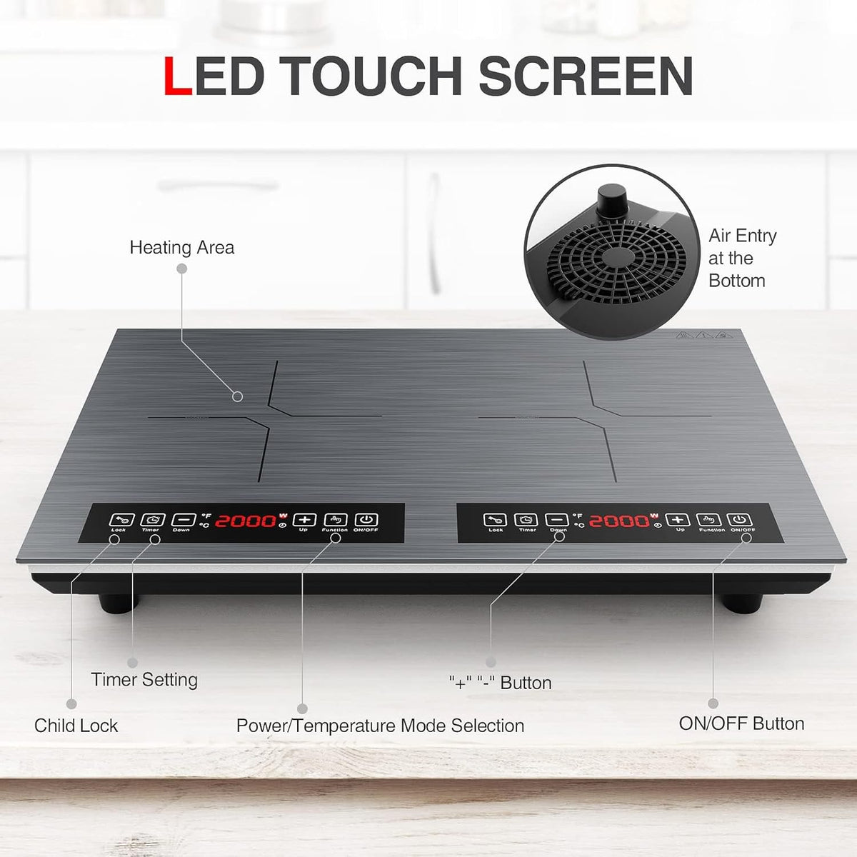 Double Induction Cooktop 110v-120v, 2 Burner Electric Cooktop 24 inch 4000W Induction Stove Top, Hot Plate LED Touch Screen, 9 Temperature, Safety Lock