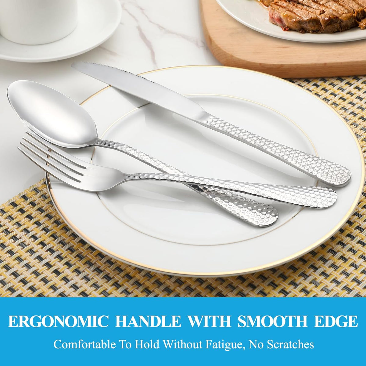 60 Pcs Hammered Silverware Set Service for 12,Stainless Steel Flatware Set,Mirror Polished Cutlery Utensil Set,Durable Home Kitchen Eating Tableware Set,Include Fork Knife Spoon Set,Dishwasher Safe