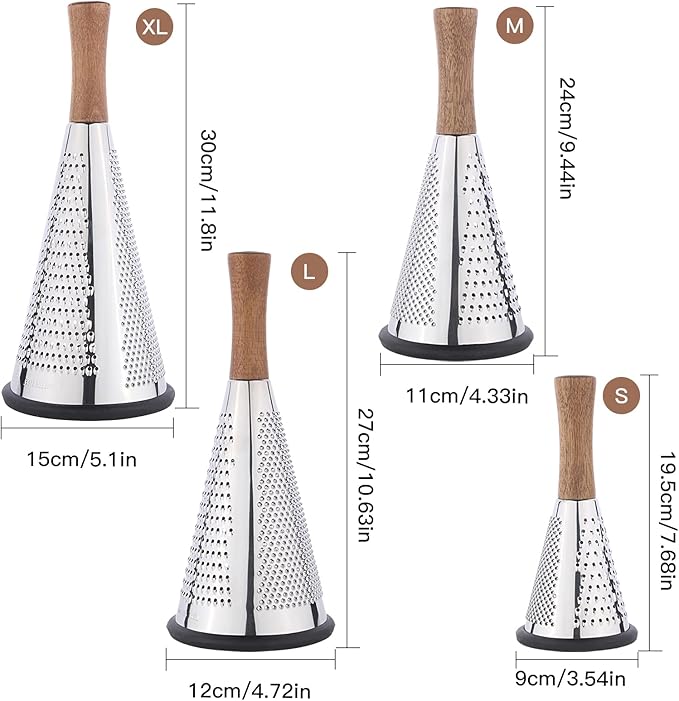 Cone Cheese Grater with Handle - Stainless Steel Triple Function Wood Handle Parmesan Shaver Non-Slip Rubber Bottom Hand Held Multifunction Vegetables Cheese Grater with container(XL:11.8" X 5.1")