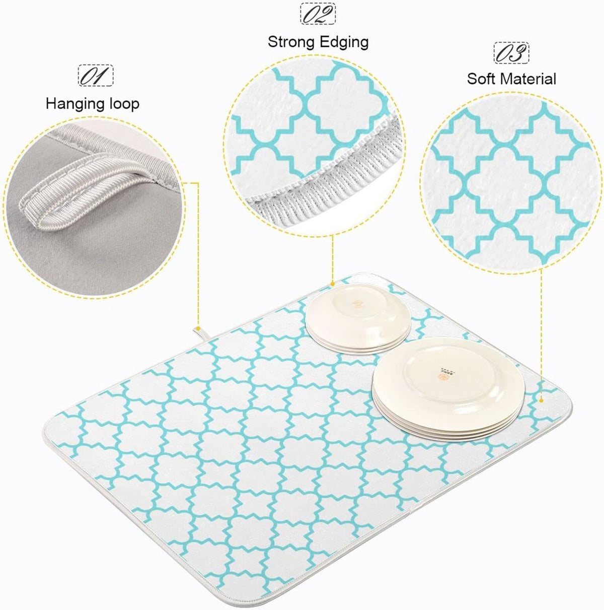 Senya Super Absorbent Dish Drying Mat, Microfiber Fast-Drying Dish Mat, 24inches x 18inches , Kitchen Dish Drying Pad, Traditional Quatrefoil Lattice Pattern