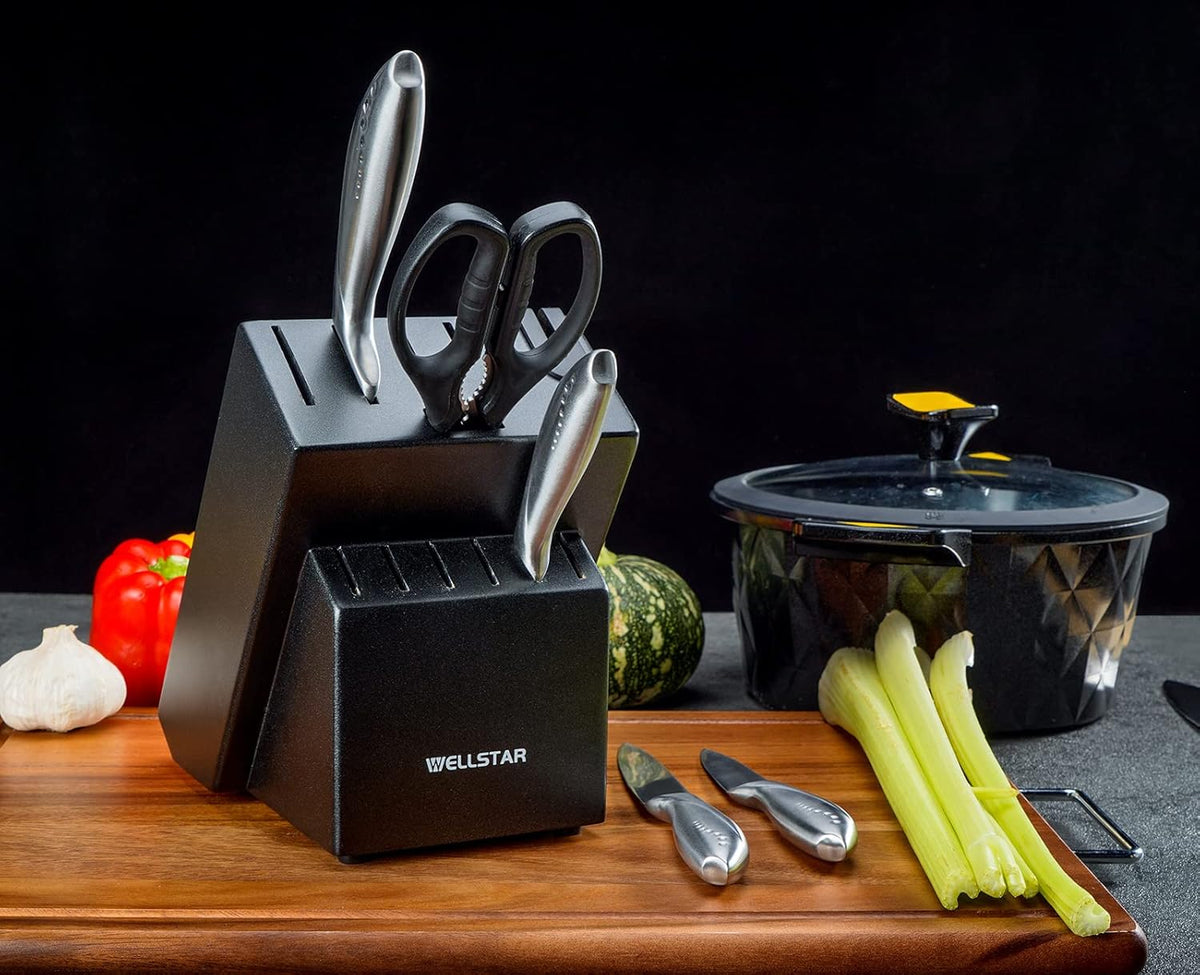 12 Slot Kitchen Knives Block, WELLSTAR Natural Wood Knife Holder without Knives – Hard Wood Countertop Knife Storage with Built-in Knife Sharpener - Black