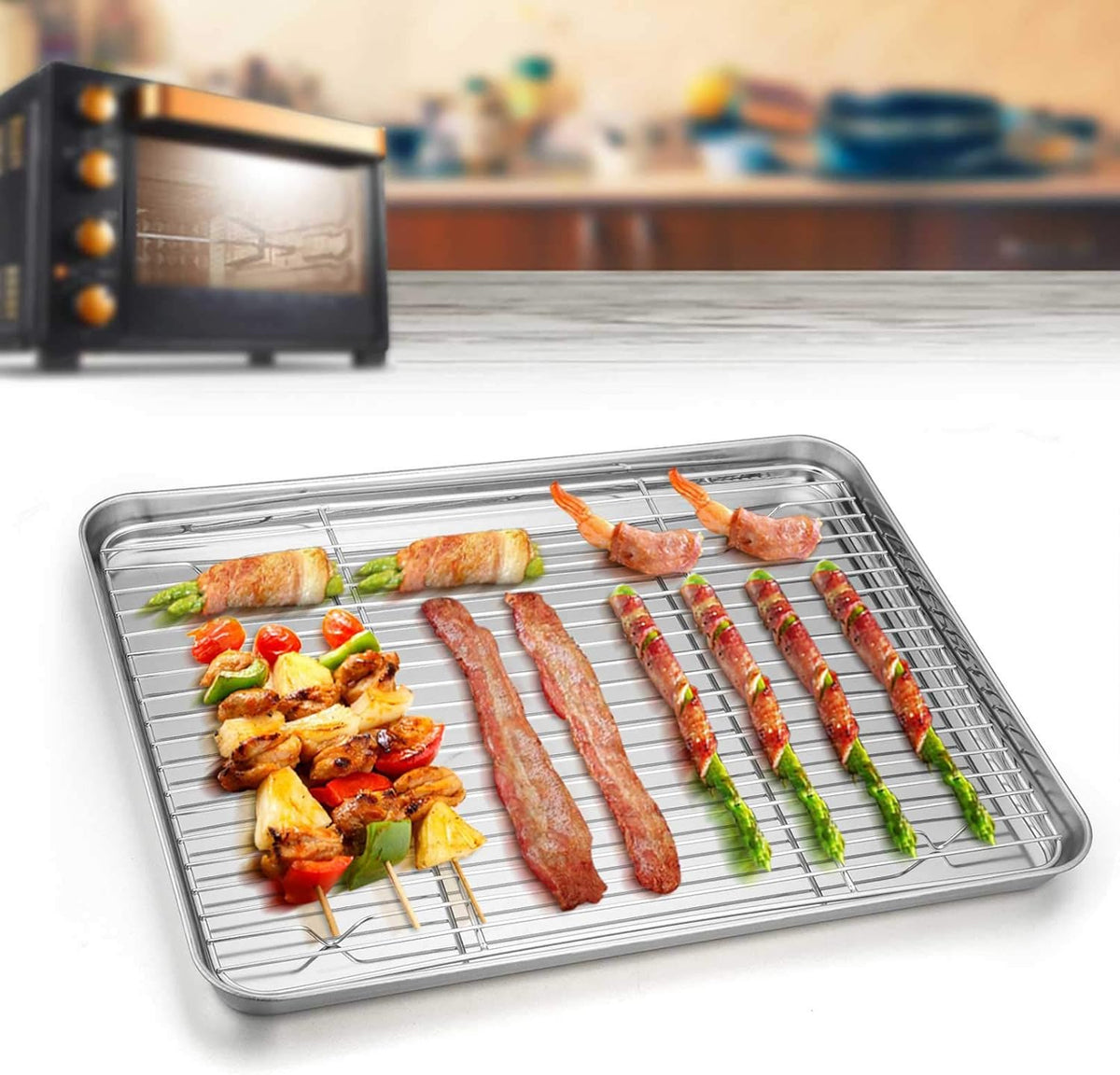 TeamFar Baking Sheet with Rack Set, Stainless Steel Cookie Sheet Baking Pans with Cooling Rack, Non Toxic & Healthy, Rust Free & Heavy Duty, Mirror Finish & Easy Clean, Dishwasher Safe - 6 Pieces