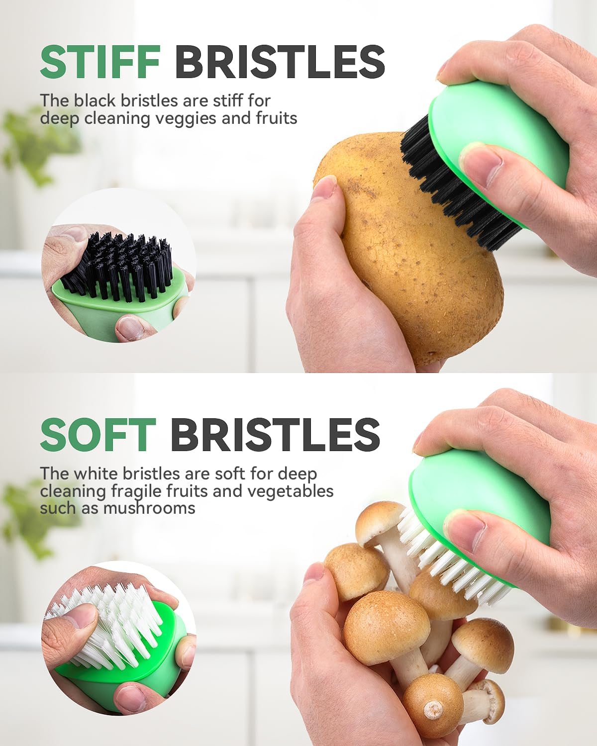 SXhyf Vegetable Brush Scrubber for Food [Black Stiff Bristles Brush + White Soft Bristles Brush] Potato Scrubber, Dishwasher Safe Veggie & Fruit Cleaning Brush for Mushrooms, Carrots, Lemons, Eggs