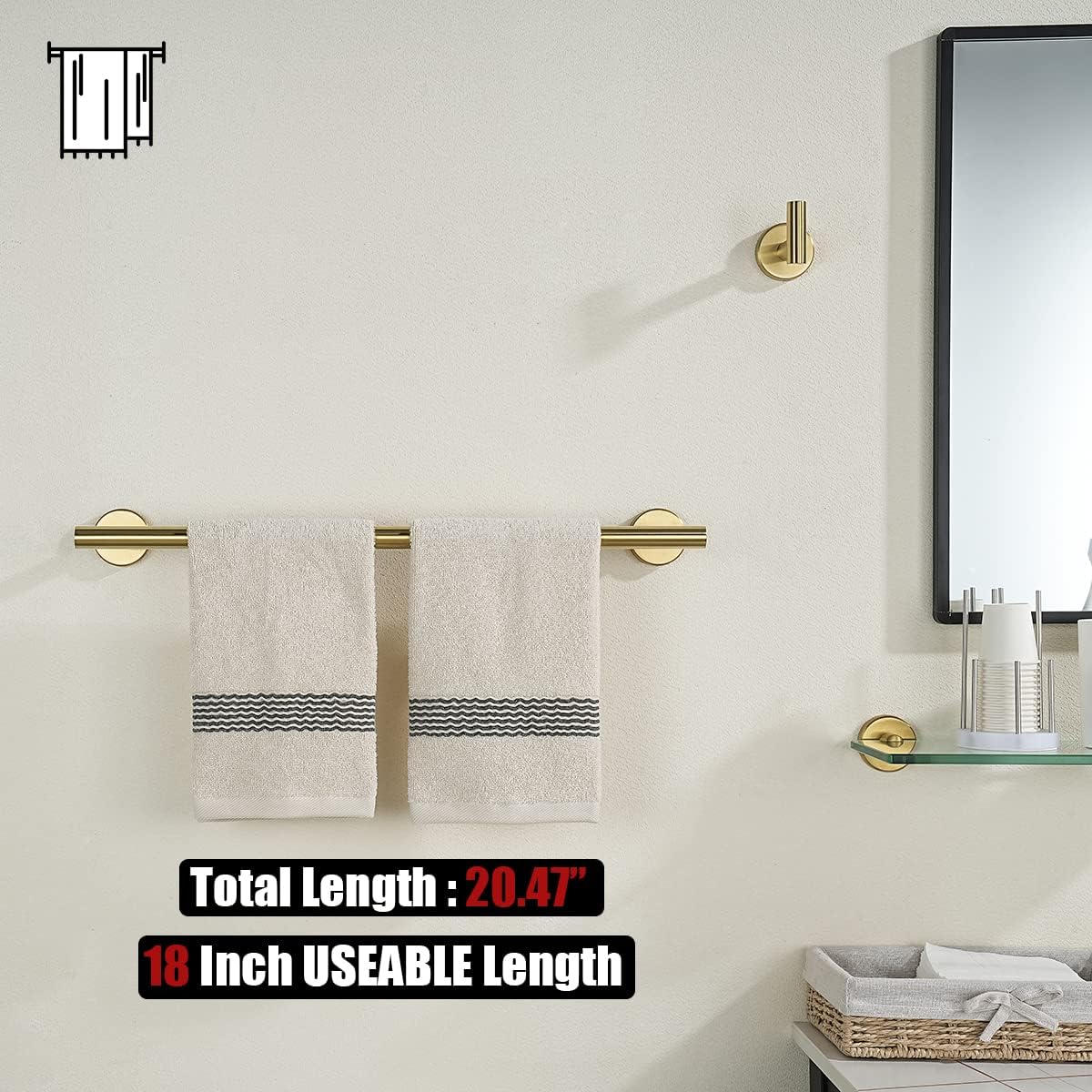 JQK Bath Towel Bar Brushed Gold, 18 Inch 304 Stainless Steel Thicken 0.8mm Towel Rack Bathroom, Towel Holder Wall Mount, Total Length 20.47 Inch TB110L18-BG