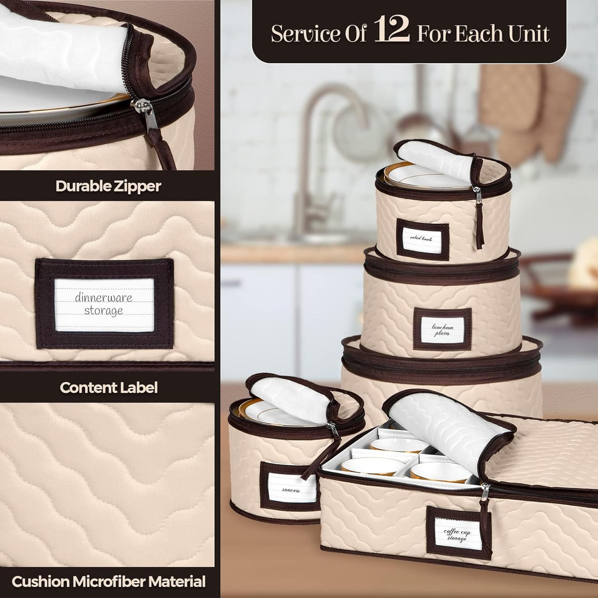 China Storage Containers 5-Piece Set Moving Boxes for Dinnerware, Glasses, Plates, Mugs and Saucers Sturdy Quilted Microfiber Dish Organizer with Dividers for Seasonal Storage - Holds Set of 12