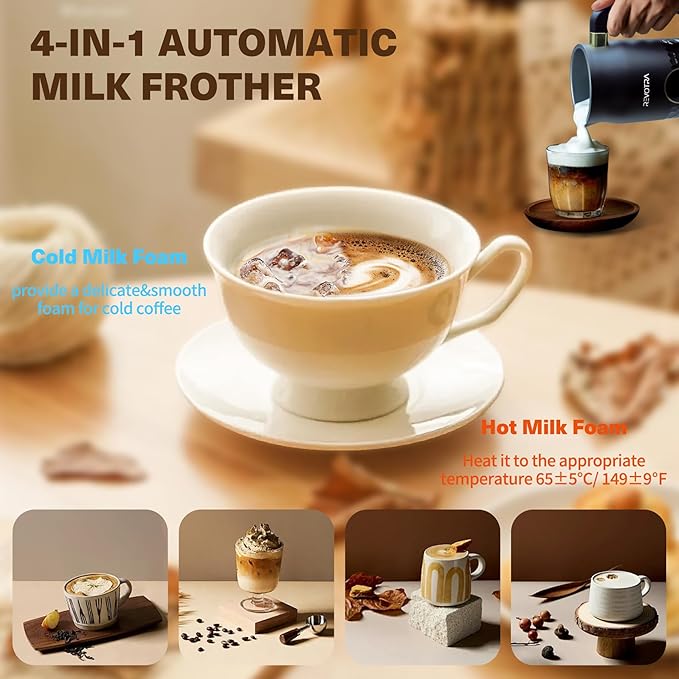 Milk Frother with Touchscreen & Temp Display, 4-in-1 Electric Milk Steamer for Hot & Cold Foam, Adjustable Temperature, Silent Operation, 300ml Non-Stick Frother for Coffee, Latte, Hot Chocolate