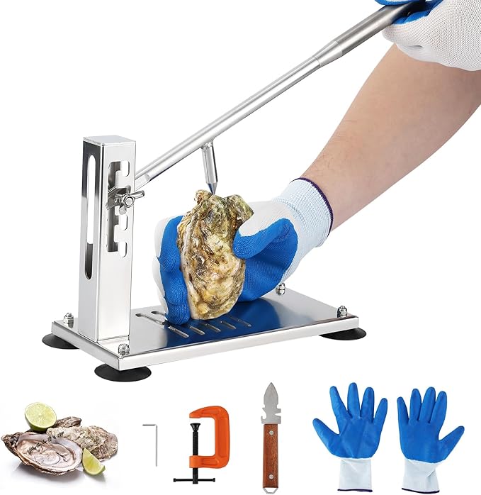 Oyster Clam Opener Machine Adjustable Oyster Shucker Machine 4-Level Tool Set, Portable Stainless Steel Clam Opener with Suction Cups, G-Clamp, Knives & Glove for Home Kitchen