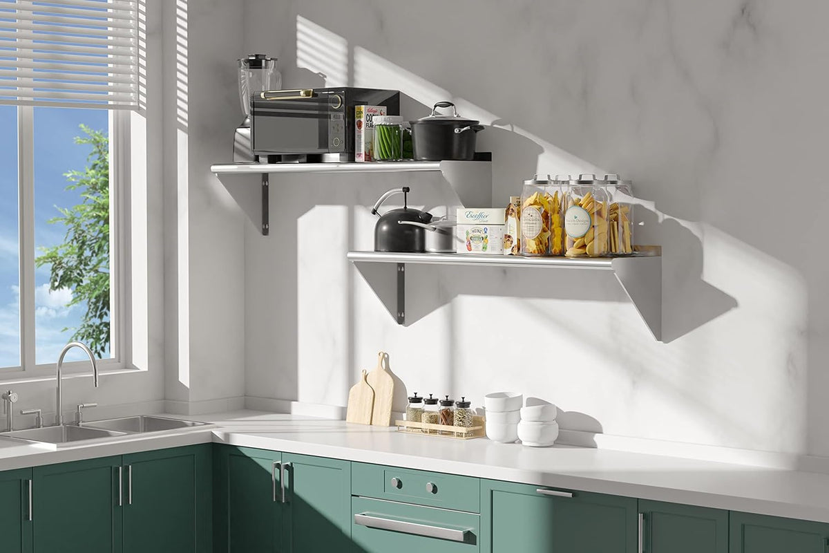 Stainless Steel Shelf 12"x48", Space-Saving Wall Mounted Shelving, 320lb Heavy Duty Steel Shelves with Easy-Clean Surface for Kitchen, Restaurant, Bar, Hotel (Commercial & Home Use)