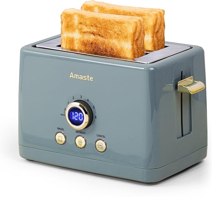 2 Slice Toaster, Retro Bread Toaster with LED Digital Countdown Timer, Extra Wide Slots Toasters with 6 Bread Shade Settings, Bagel, Defrost Function, High Lift Lever, Removal Crumb Tray, Ash Blue