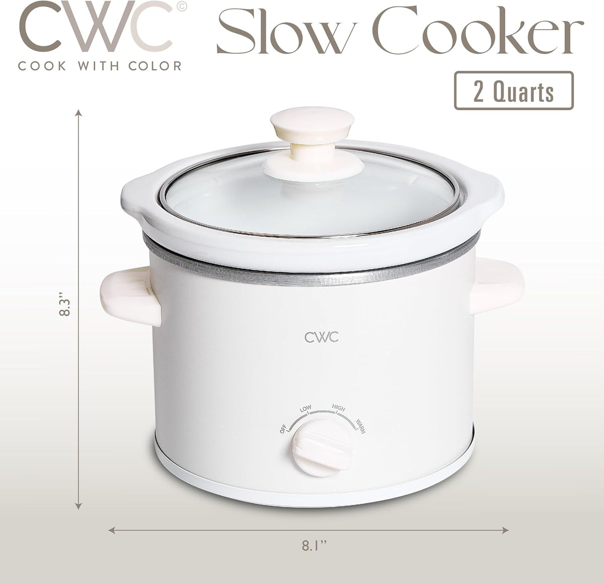 COOK WITH COLOR 2QT Mini Electric Round Slow Cooker - Adjustable Settings, Removable Stoneware Pot, Tempered Glass Lid, Dishwasher Safe, Cool-Touch Side Handles, Cream